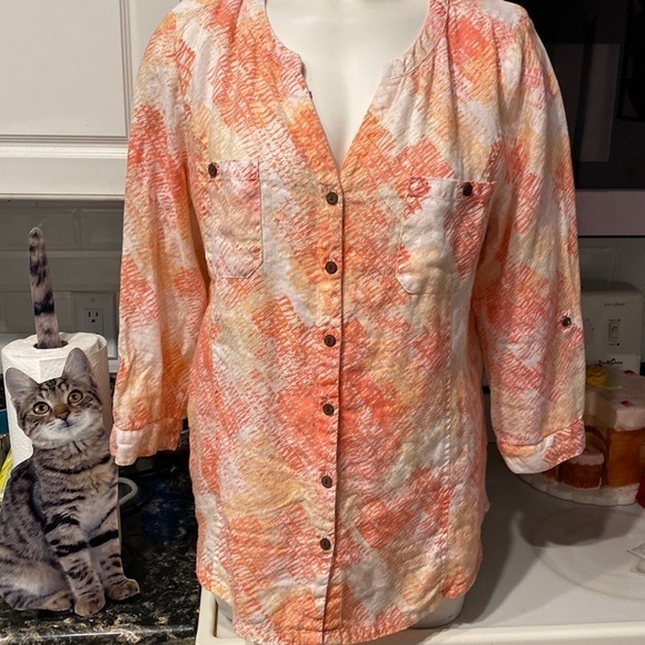 X womens JM Collection casual orange button up long roll tab sleeve size 14 - Picture 1 of 3